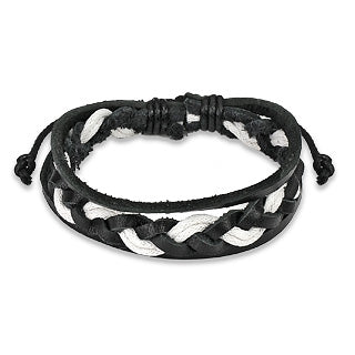 Sort og hvitt armbånd i lær med Double Strings Weaved senter